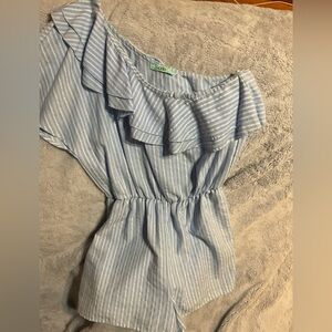 Karlie Blue and White One-Shoulder Ruffle Romper